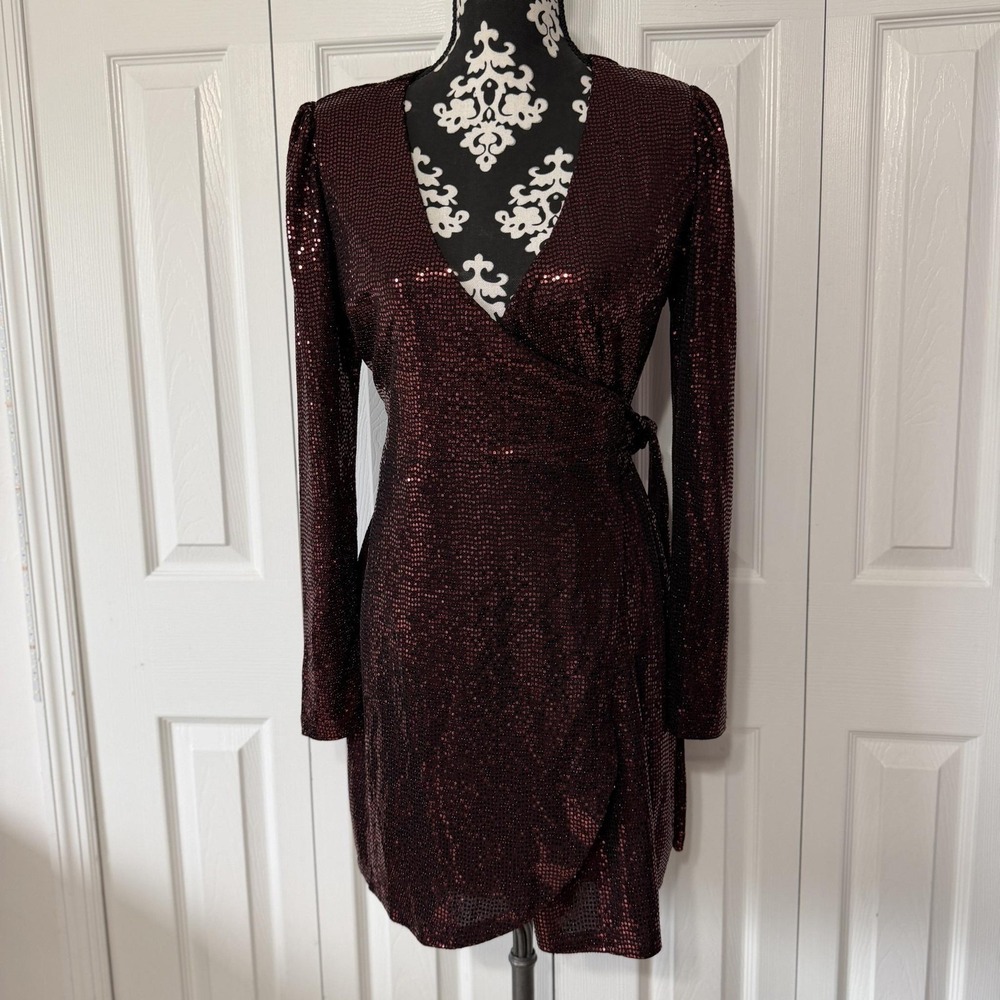 INA Dress Womens S Red Sequin Long Sleeve V Neck Wrap Short Party Mesh Cocktail